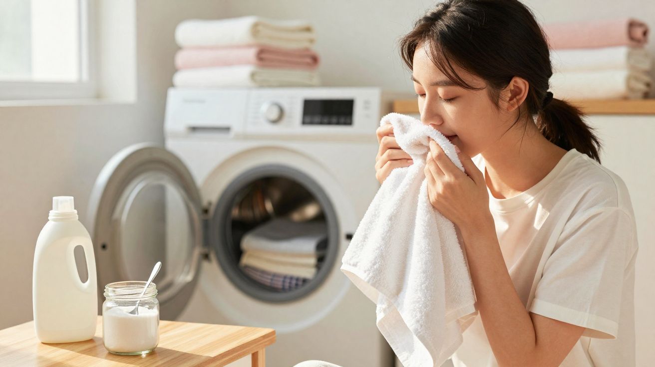 Woman smelling a fresh white towel in a laundry room with a washing machine and detergent nearby.
