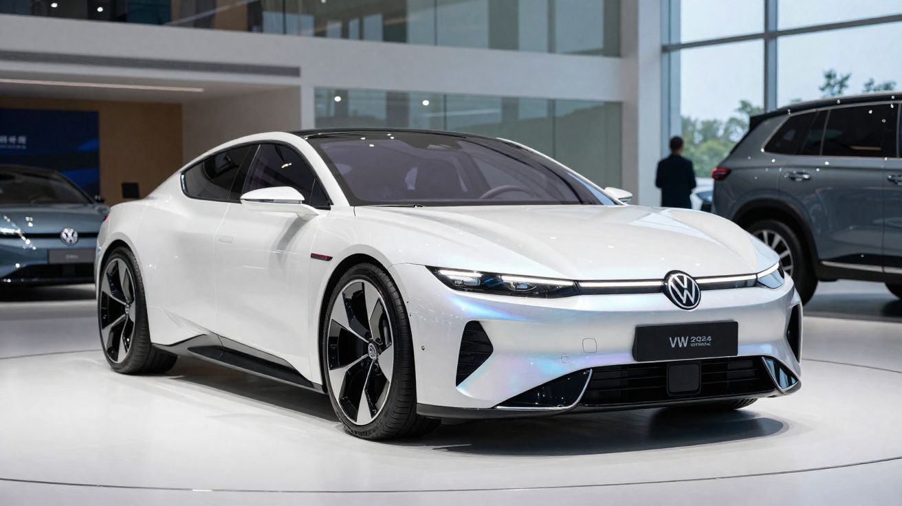 White Volkswagen electric sports car on display in a modern showroom with large windows.