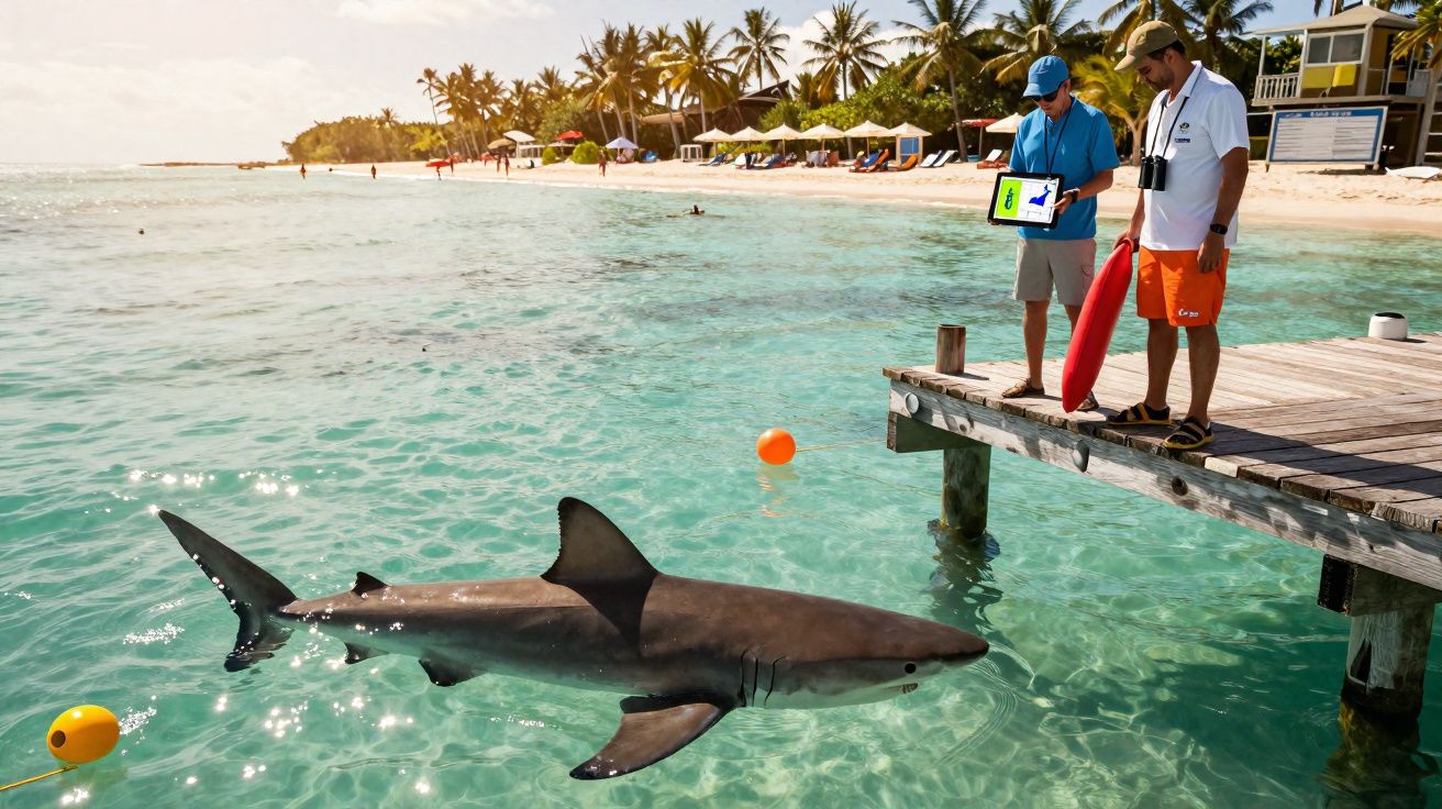 Two men stand on a wooden jetty above clear ocean water with a large shark swimming nearby.
