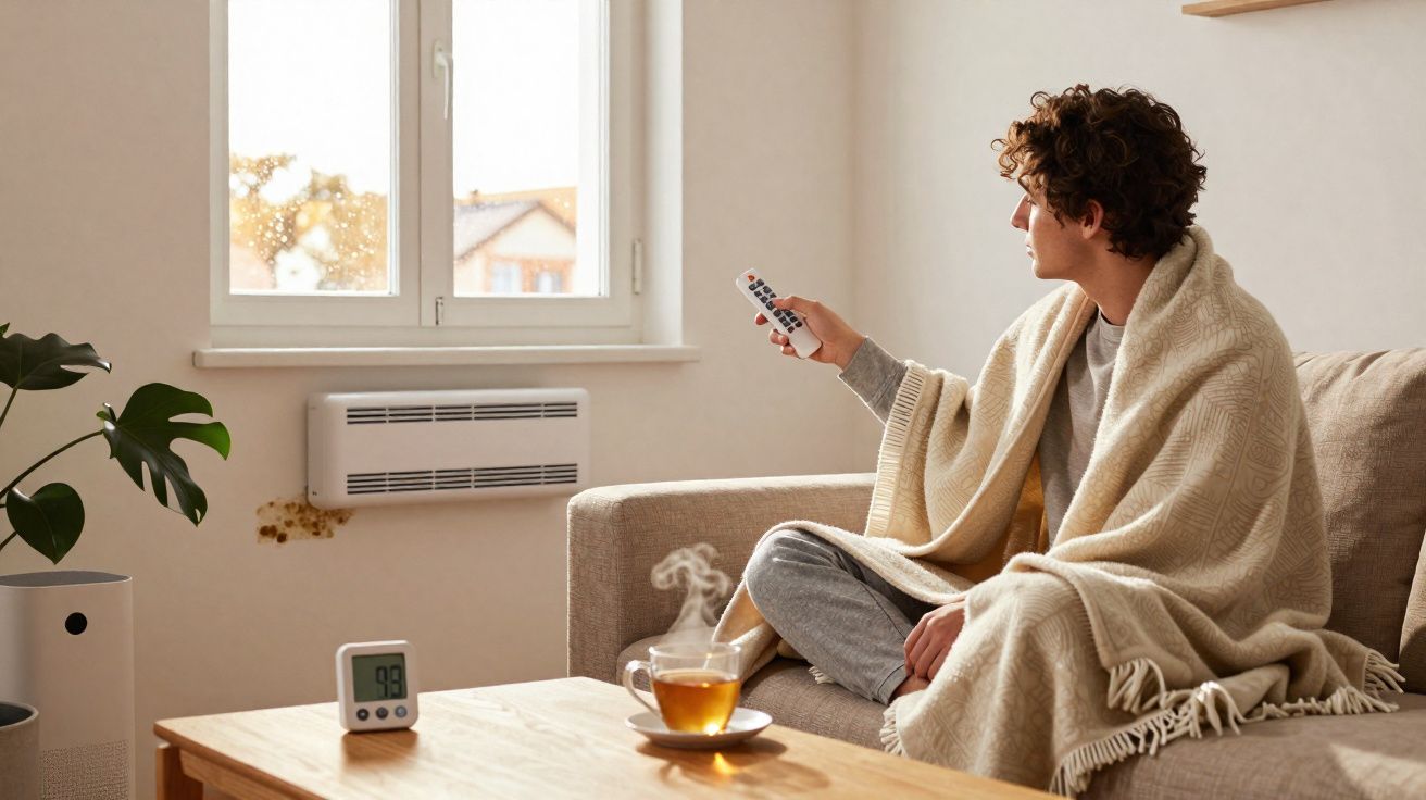 Person wrapped in a blanket sitting on a sofa holding a remote, with a steaming cup of tea on the table.