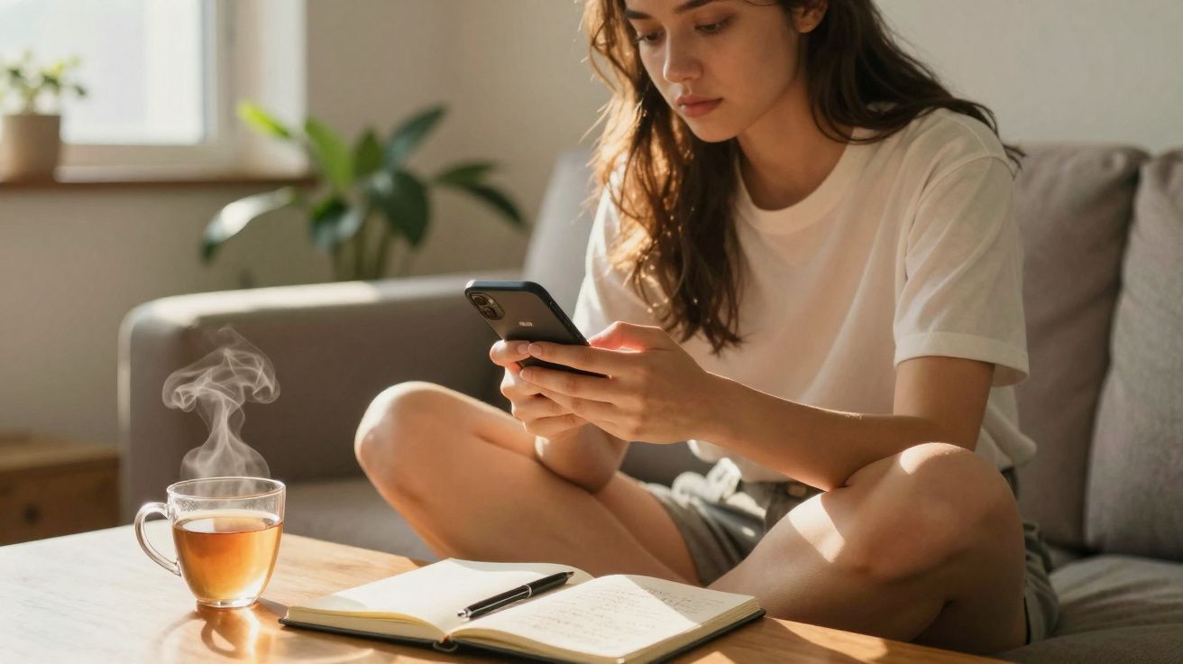 Young woman sitting cross-legged on a sofa using a smartphone with a steaming cup of tea and notebook on the table.