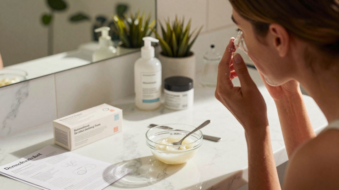 Woman applying skincare cream in front of a bathroom mirror with skincare products on the counter