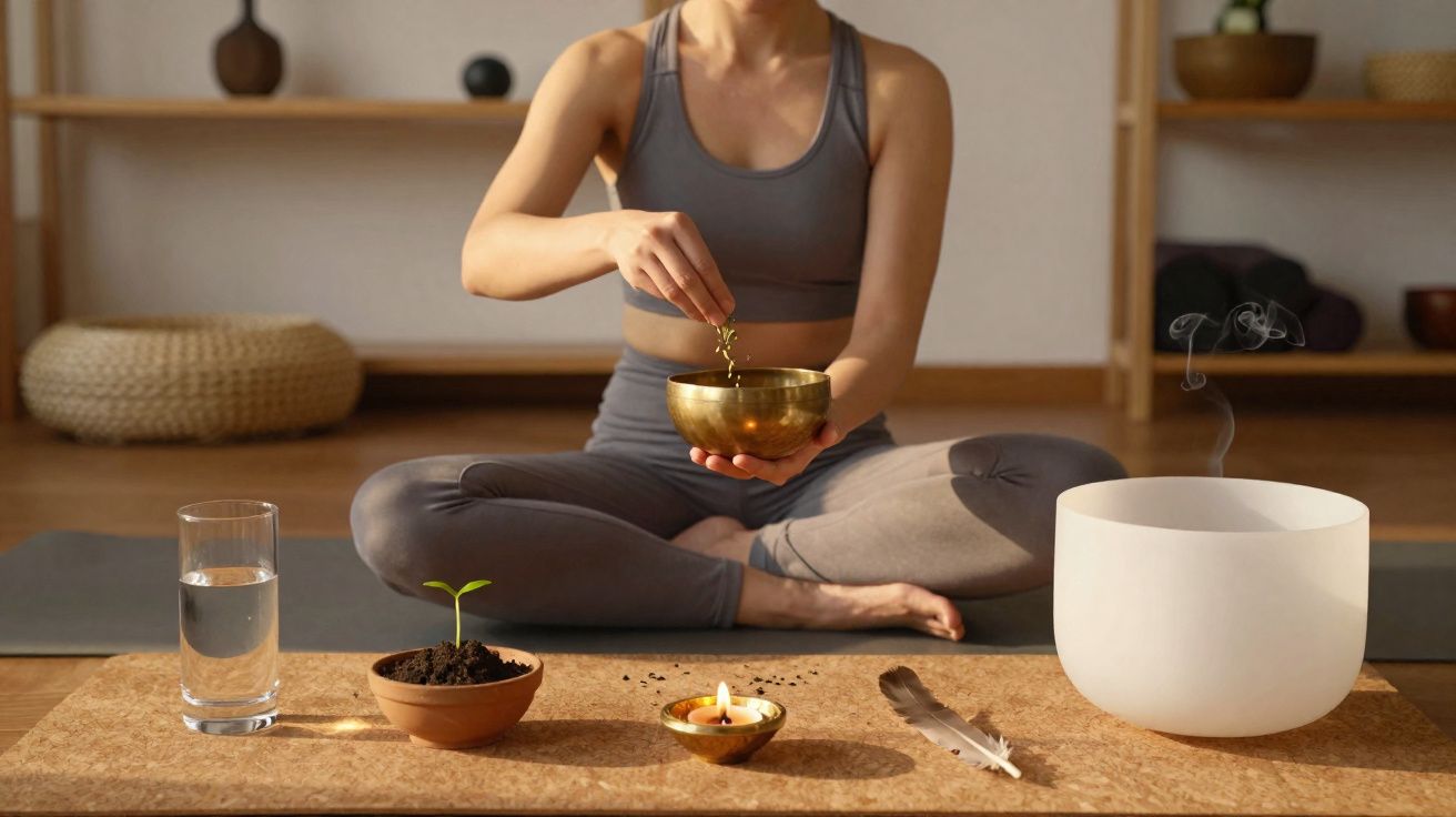 Person sitting cross-legged on a mat, holding a singing bowl with candles, plant, feather, and incense nearby.