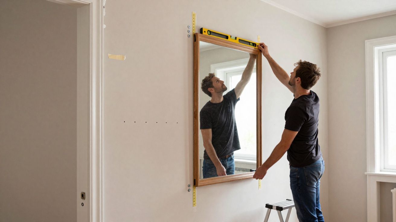 Man adjusting a wall-mounted mirror using a spirit level in a bright, empty room with white walls.