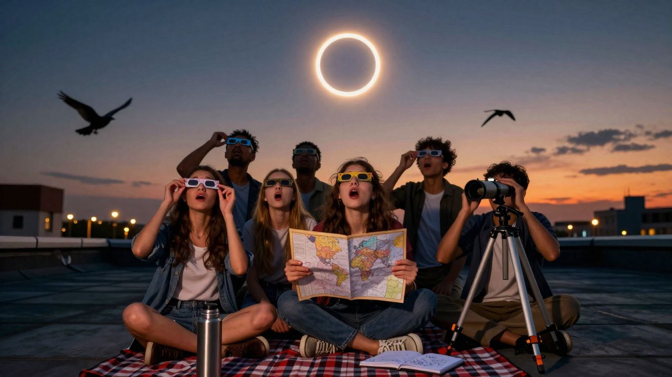Group of young people wearing eclipse glasses watching a solar eclipse on a rooftop at sunset.