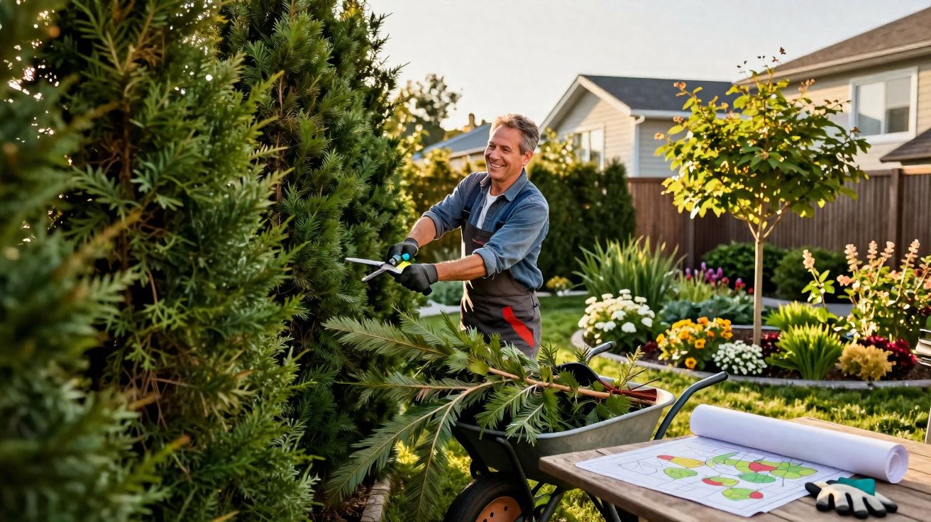 Man trimming a hedge in a sunny garden with a wheelbarrow and garden design plans on a table nearby.