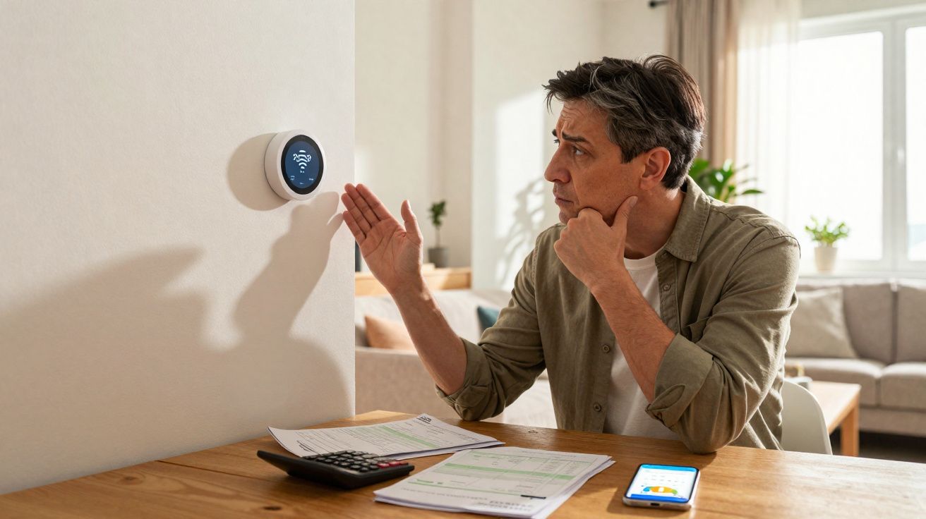 Man adjusting a smart thermostat on a wall while reviewing bills at a table in a living room.