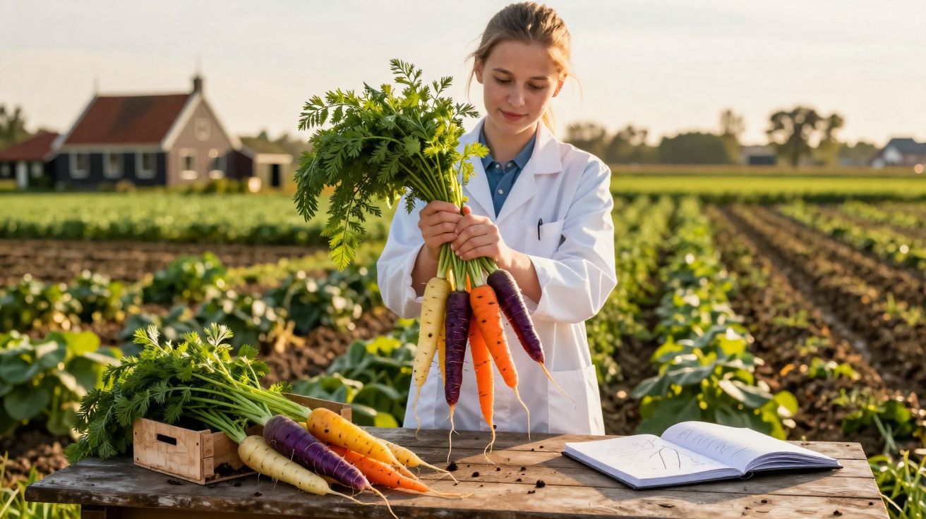 Scientist in white coat examining colourful carrots on a wooden table in a farm field at sunset.