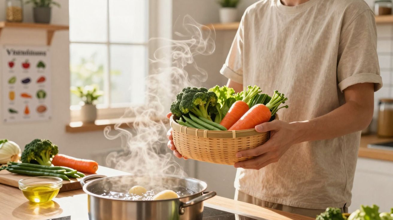 Person holding a basket of fresh vegetables over a steaming pot in a bright kitchen.