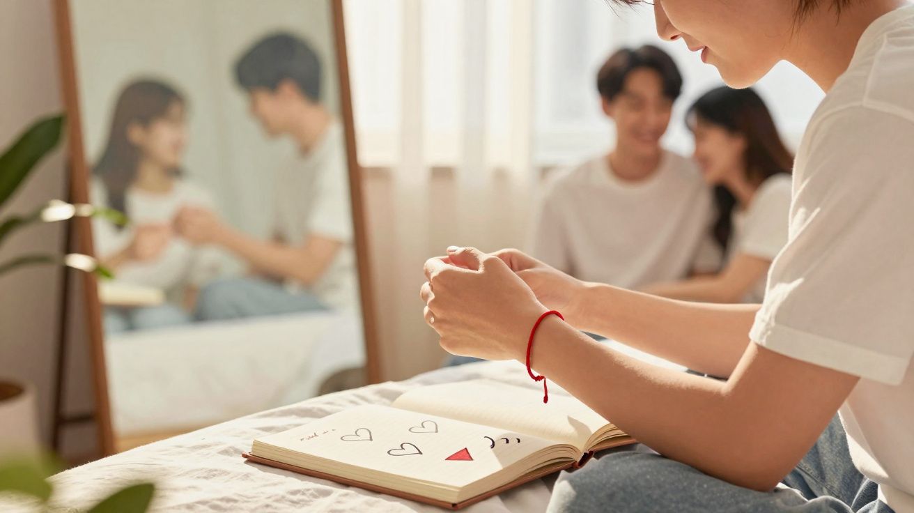 Person holding a red bracelet with an open book showing hearts and a couple sitting together reflected in a mirror.