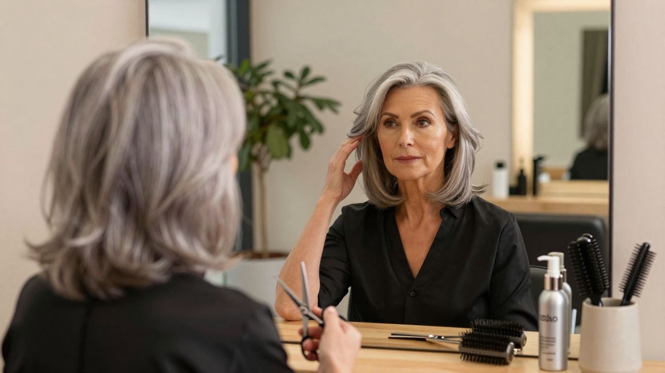 Mature woman with grey hair looking at herself in a mirror while holding a pair of scissors in a salon.