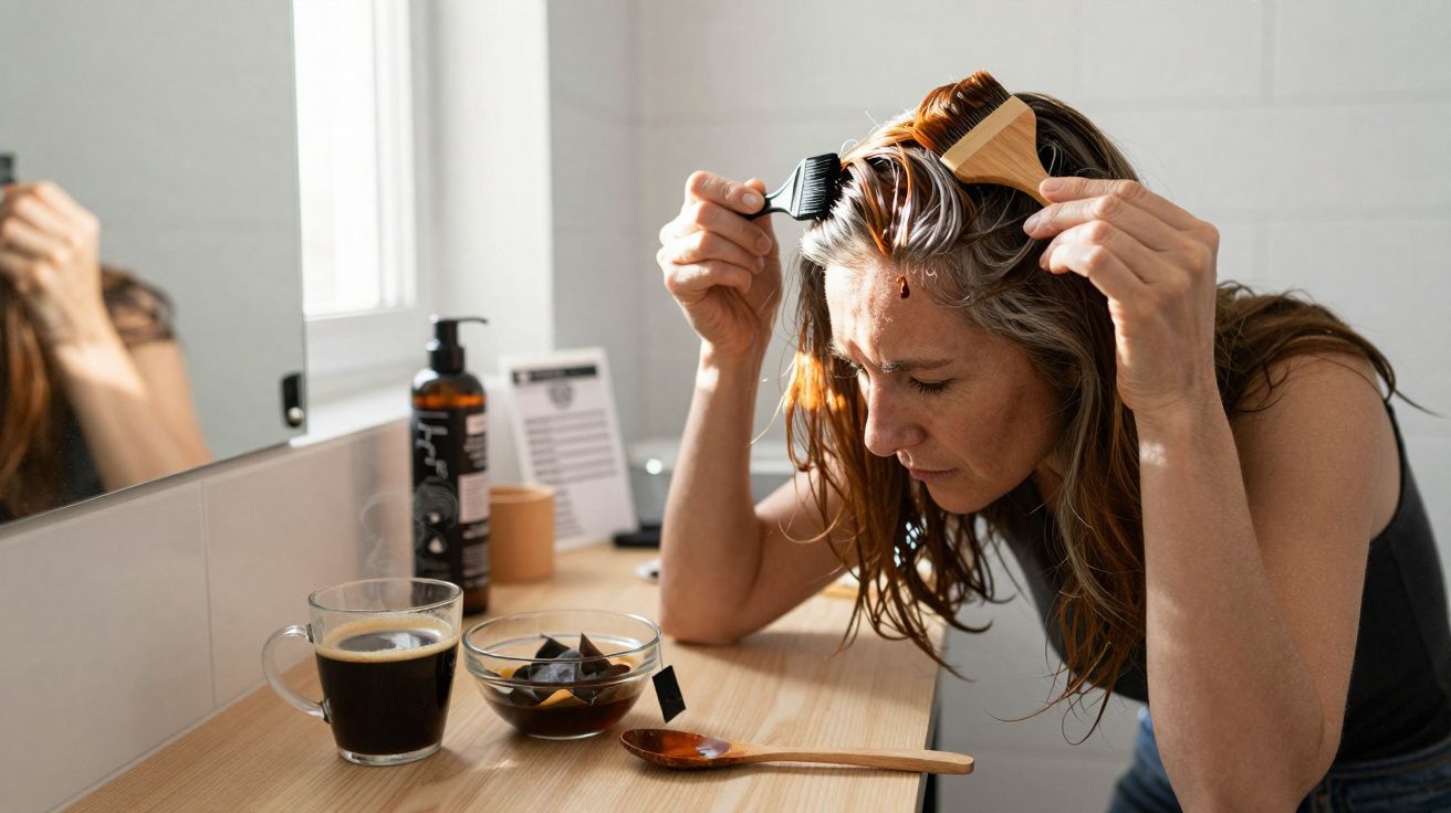 Woman applying hair dye at home, sitting at a wooden table with coffee and hair products nearby.