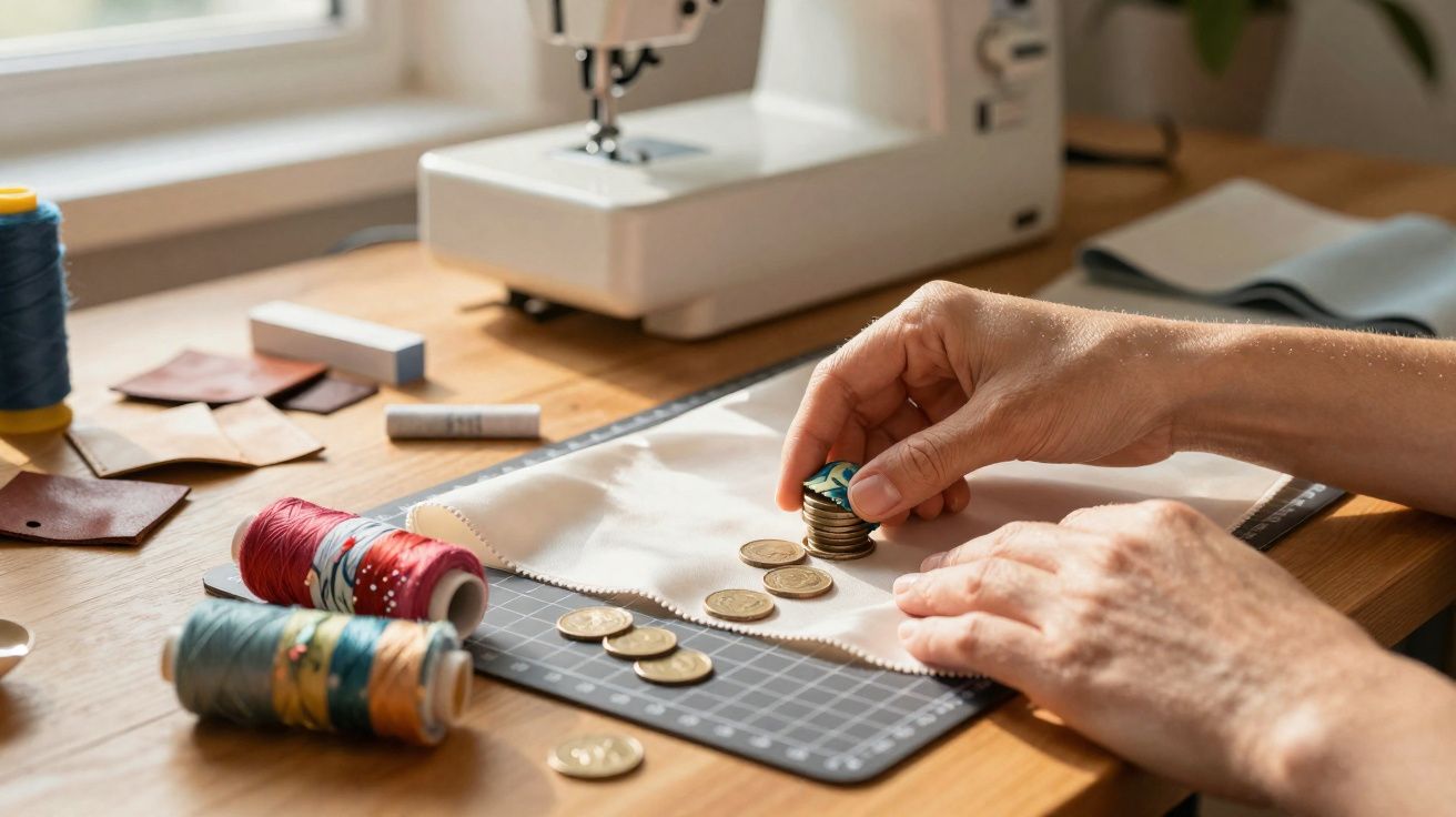 Hands stacking coins on a worktable with sewing materials and a sewing machine in the background