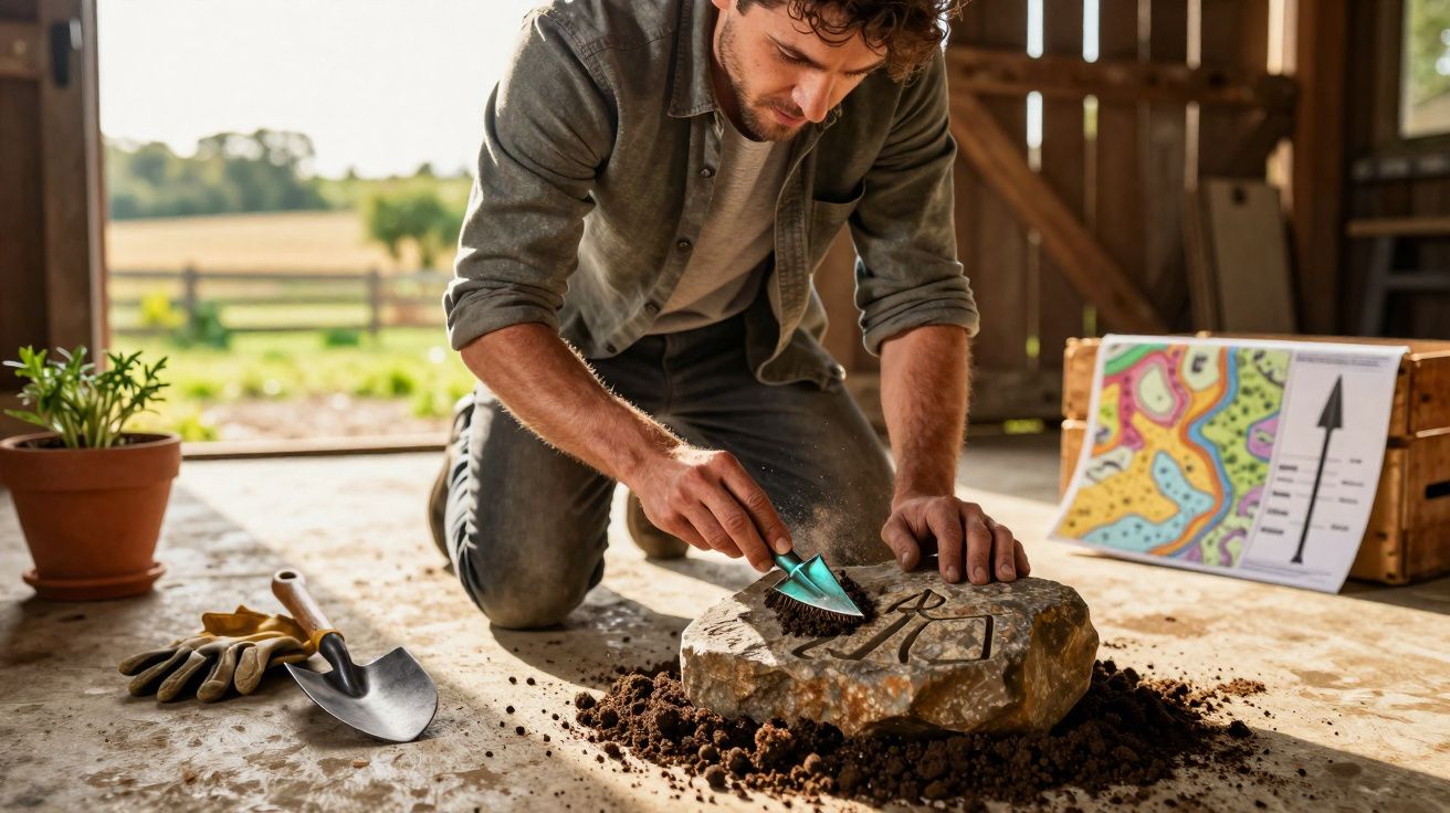 Man excavating ancient carvings on a large stone using a small brush inside a barn-like structure.