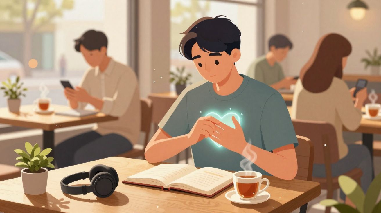 Young man reading a book in a café with a glowing heart symbol over his chest and a steaming cup of tea nearby.