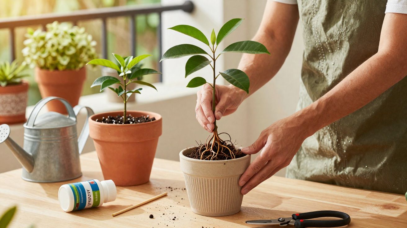 Person repotting a small plant indoors on a wooden table with gardening tools and pots nearby.