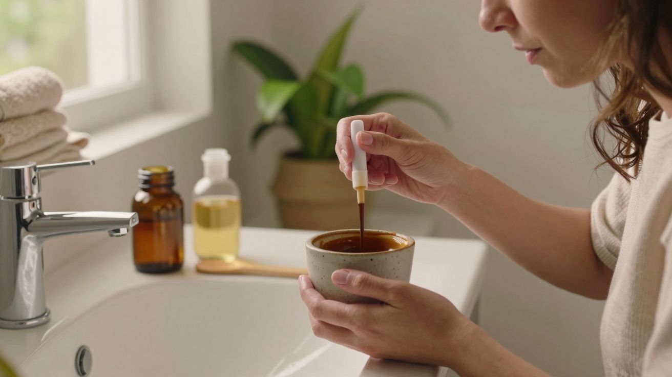 Woman mixing a brown liquid in a ceramic bowl at a bathroom sink with skincare bottles in the background.