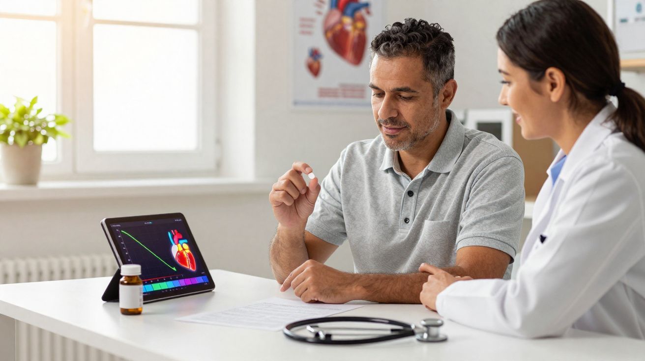 Doctor consulting male patient about heart health medication in a medical office.