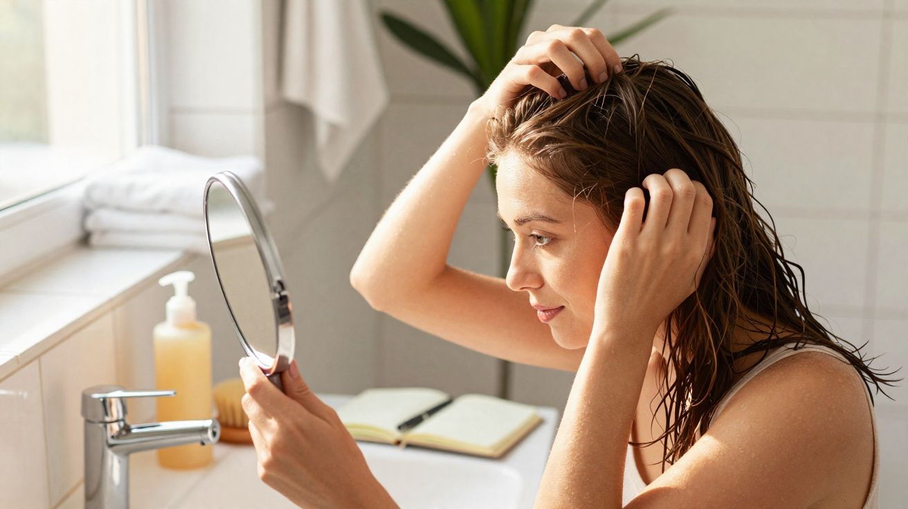 Woman with wet hair looking into a handheld mirror in a bright bathroom by the sink