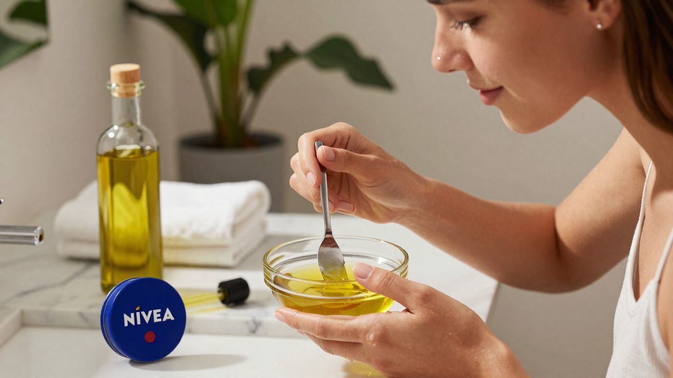 Woman mixing oil in a glass bowl with a fork on a bathroom counter with Nivea cream and towels nearby