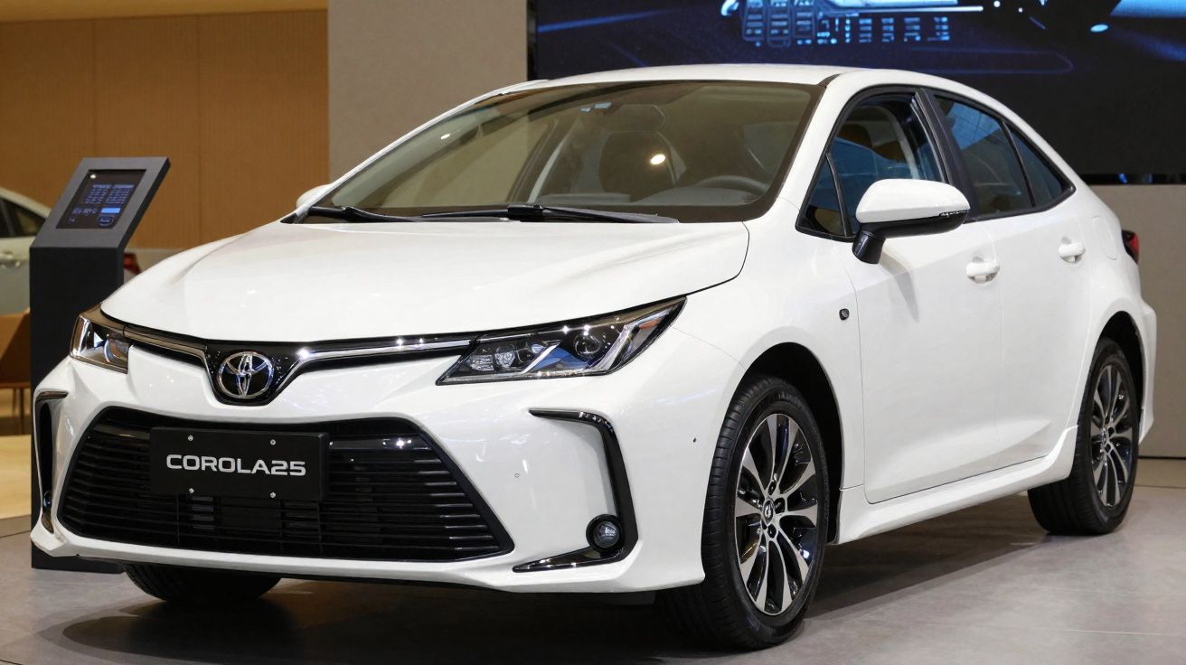 White Toyota Corolla 25 sedan showcased indoors with sleek design and modern headlights.