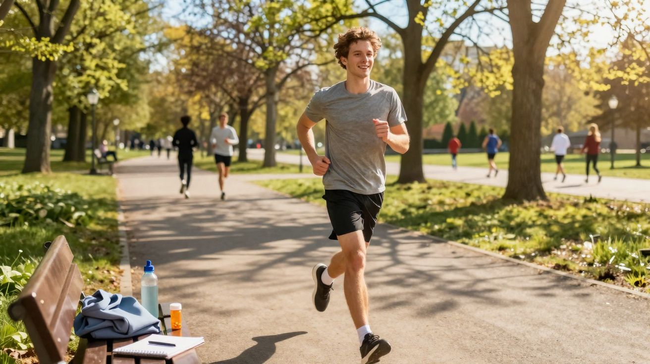 Young man jogging on a sunlit park path with other runners and trees in the background.