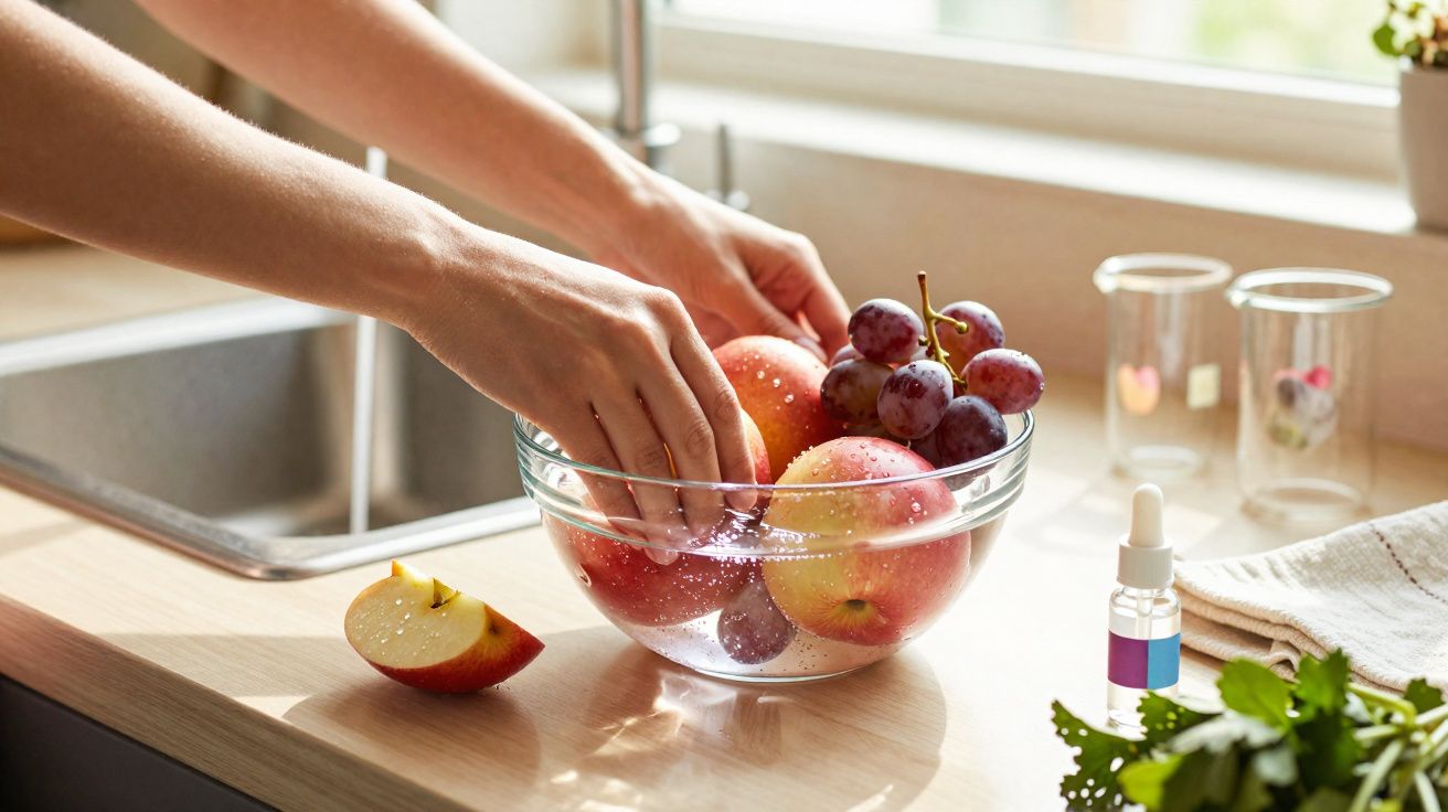 Hands washing apples and grapes in a clear glass bowl on a kitchen countertop near a sink.