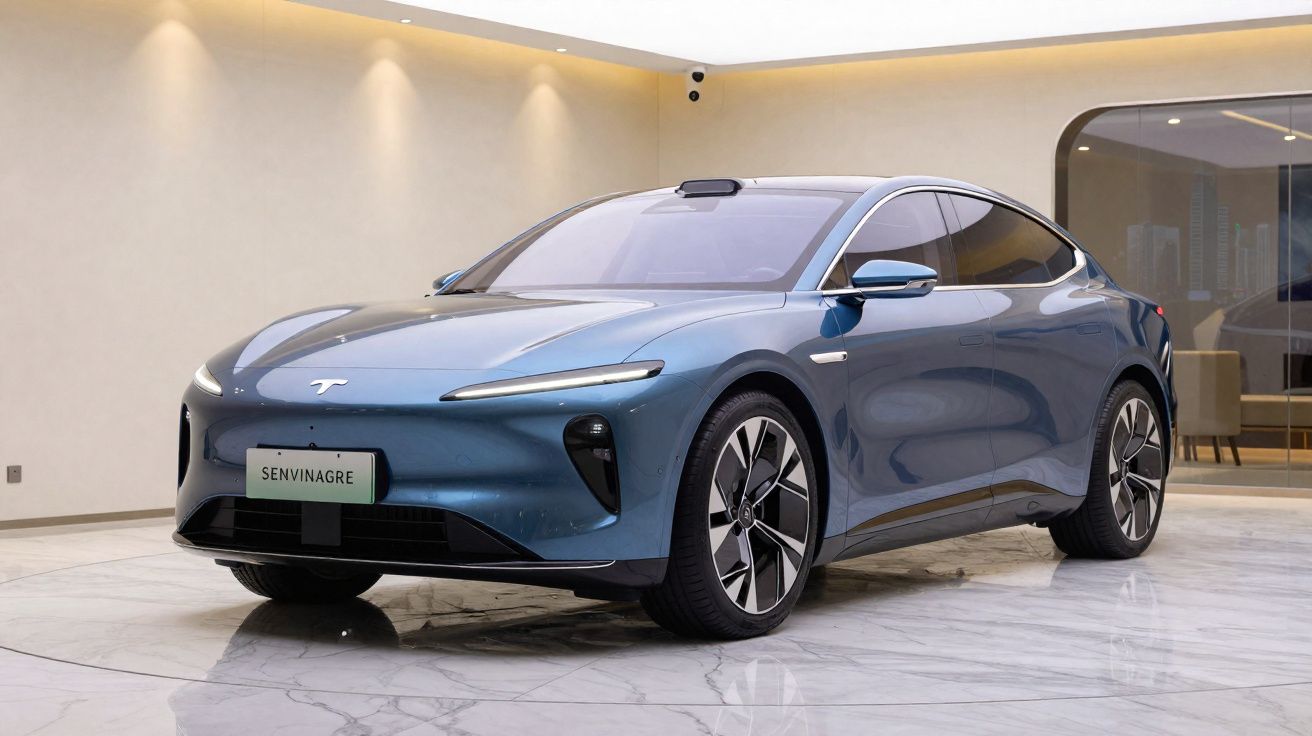 Sleek blue electric sedan displayed indoors on a marble floor with modern lighting.
