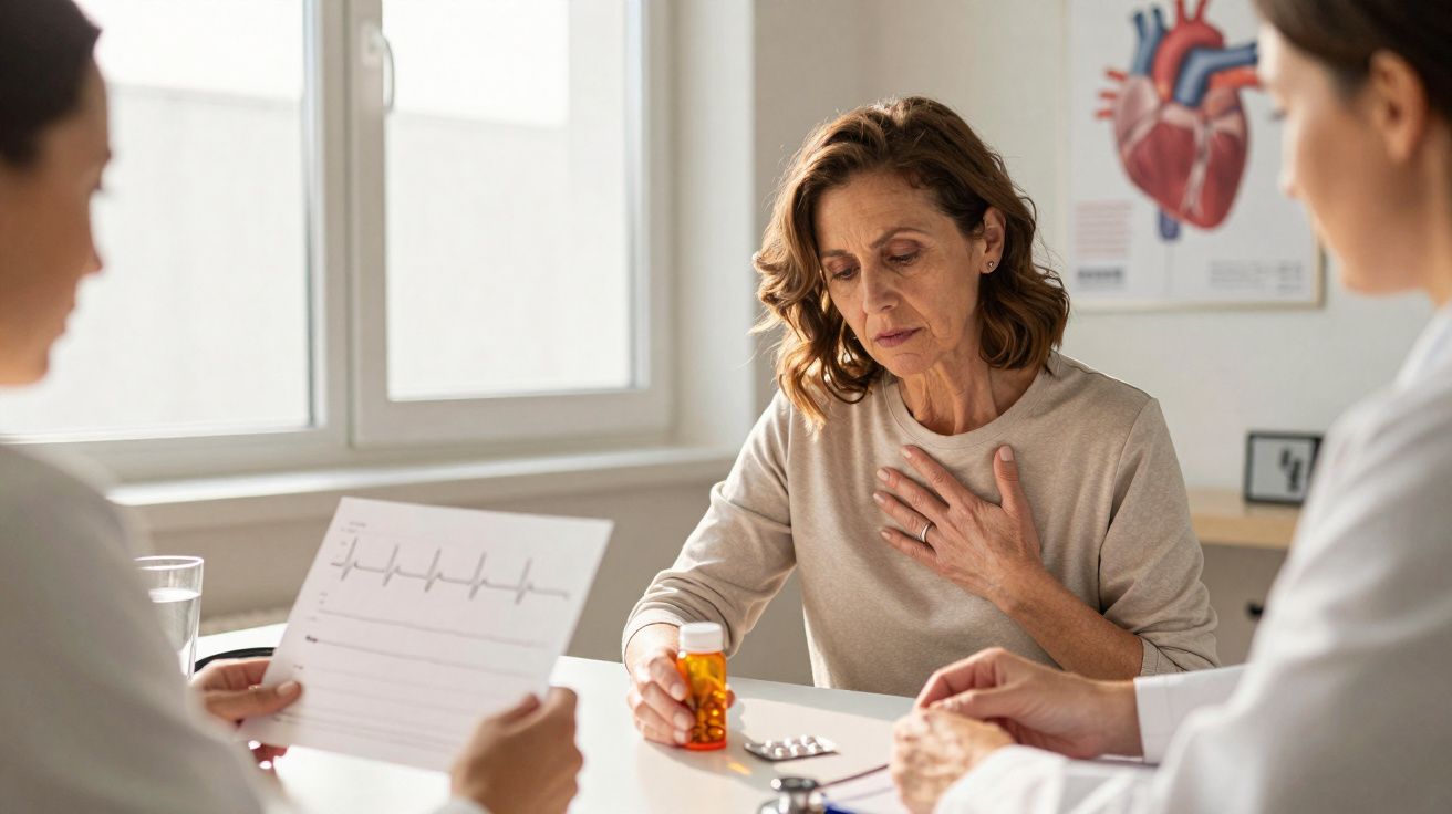 Middle-aged woman with chest pain holding medication in a consultation with two doctors in a clinic.