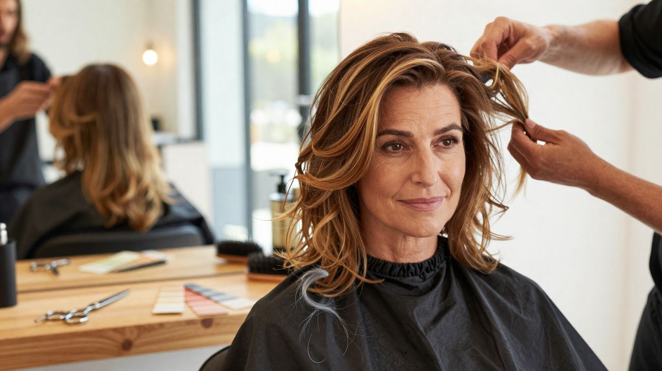 Middle-aged woman smiling while getting her hair styled at a salon with tools and mirror in the background.