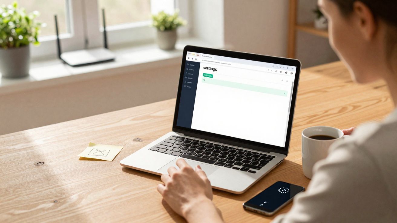 Person using a laptop on a wooden desk with a smartphone and coffee cup nearby in a bright room.