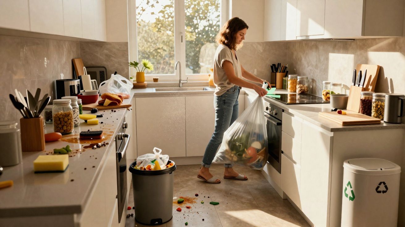Woman holding a bin bag tidying a messy kitchen with food scraps on the counter and floor near recycling bins.