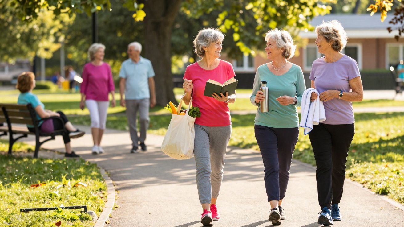 Three elderly women walking and chatting in a sunny park, carrying groceries, a book, and a water bottle.