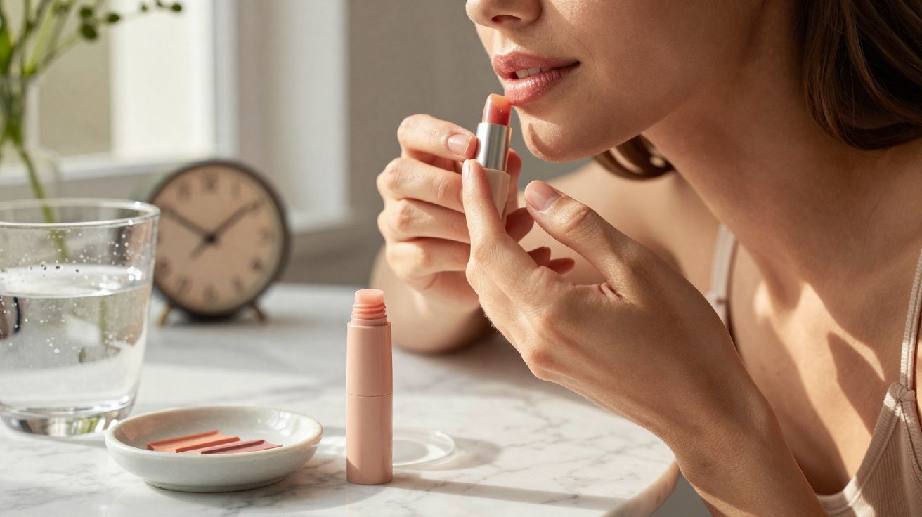 Woman applying nude lipstick at a marble table with glass of water and clock in the background.