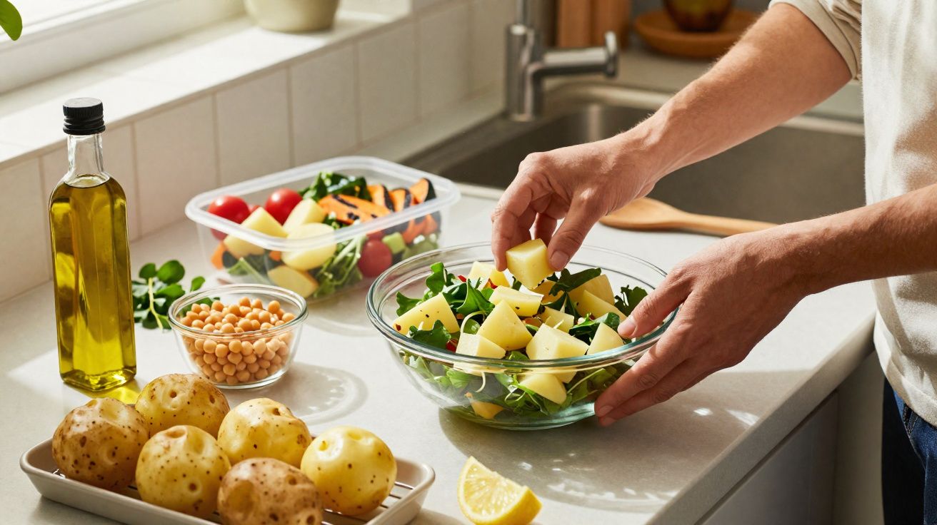 Person preparing fresh salad with potatoes, chickpeas, olive oil, and lemon on kitchen countertop.