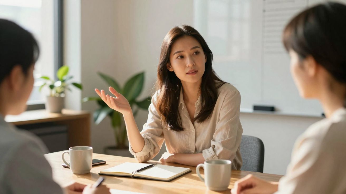 Three people having a discussion around a table with notebooks and coffee mugs in a bright office.