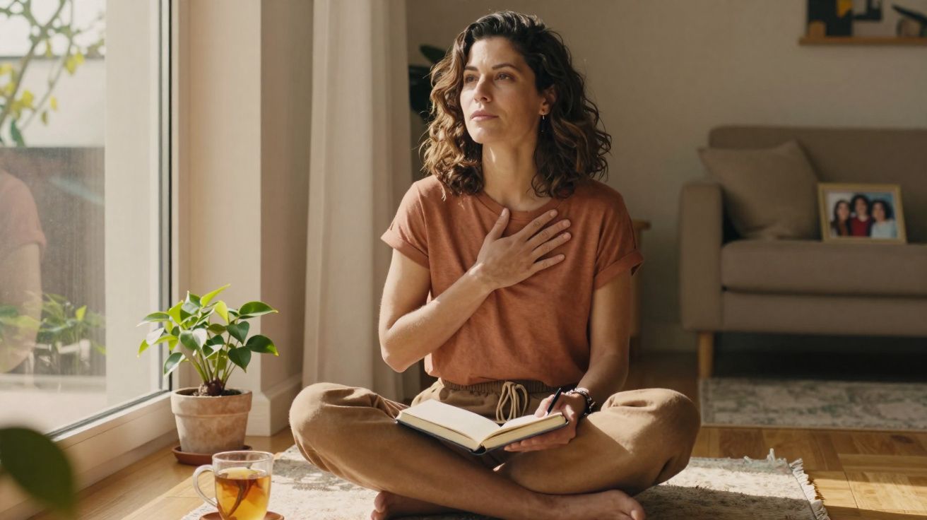 Woman sitting cross-legged on the floor reading a book with hand on chest near a cup of tea by a window.