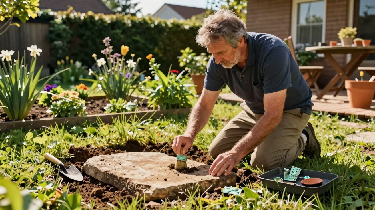 Man in a garden kneeling on the grass, brushing soil off a large flat stone surrounded by plants and gardening tools.