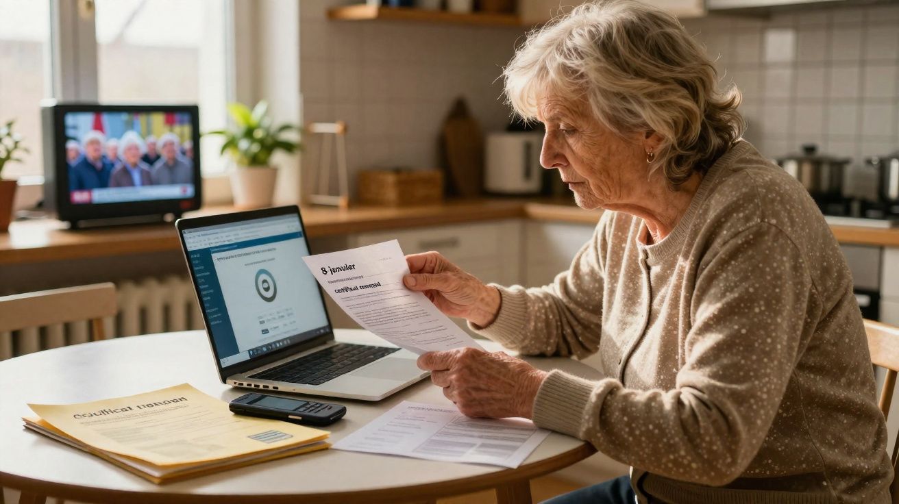 Elderly woman checking financial documents at a table with a laptop and phone in a kitchen.