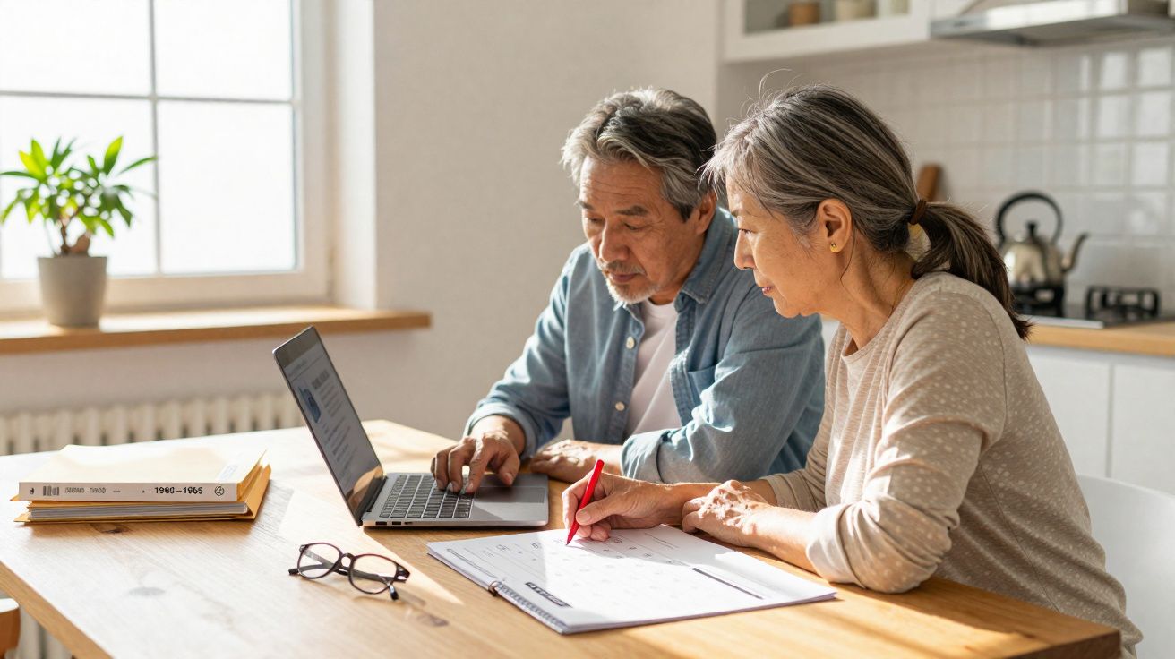 Elderly couple working together at kitchen table with laptop and calendar, discussing plans.