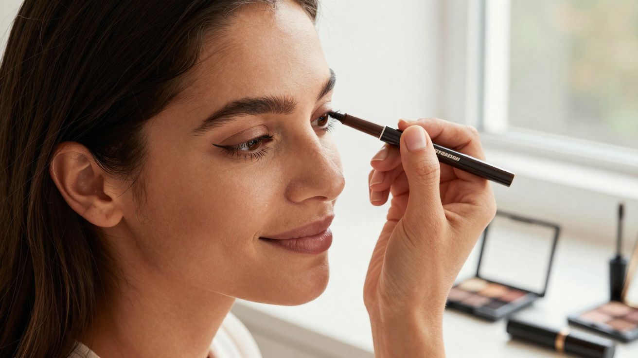 Woman applying eyebrow pencil with makeup palettes on a table by a window in soft natural light.