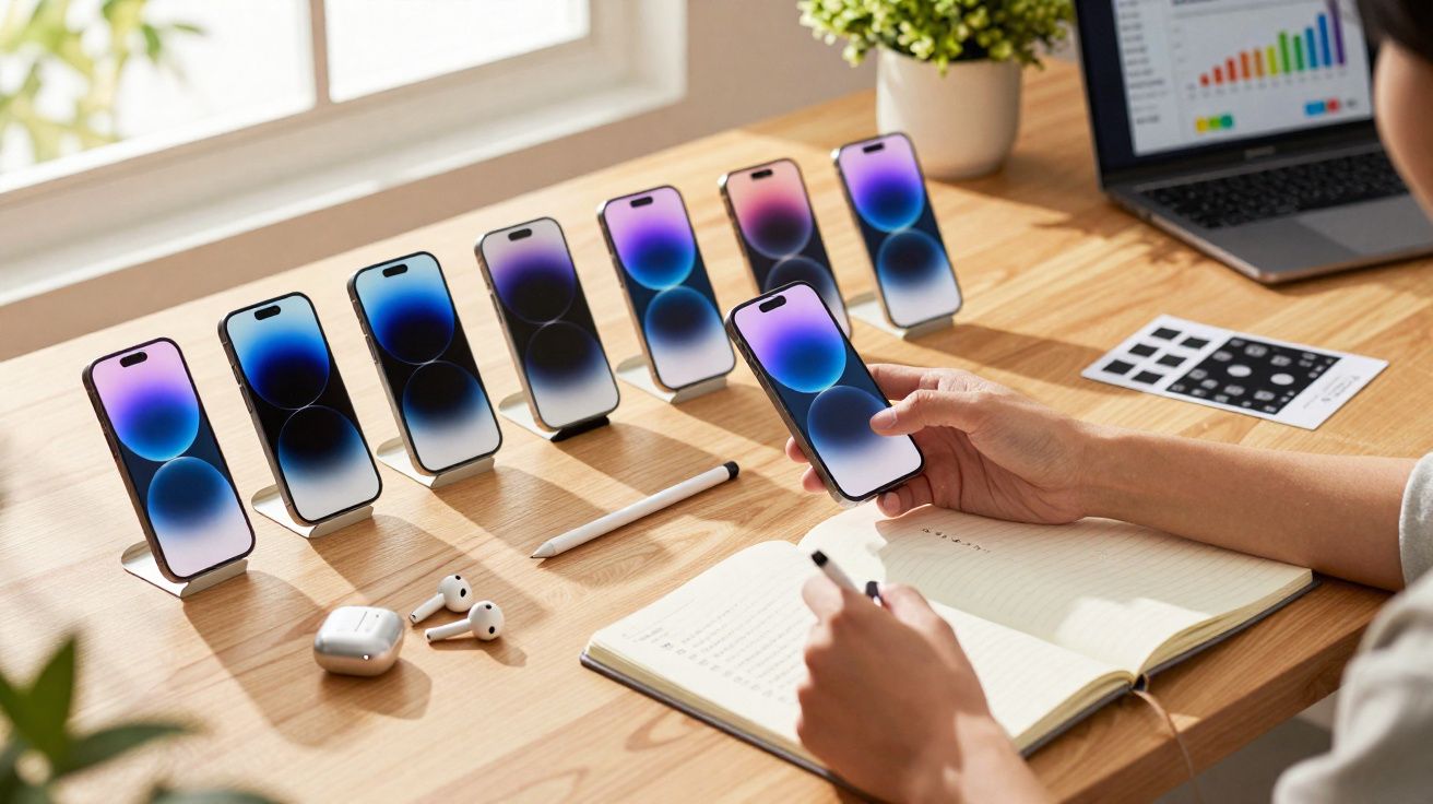 Person holding a smartphone with seven similar phones lined up on a wooden desk with notebook and laptop.
