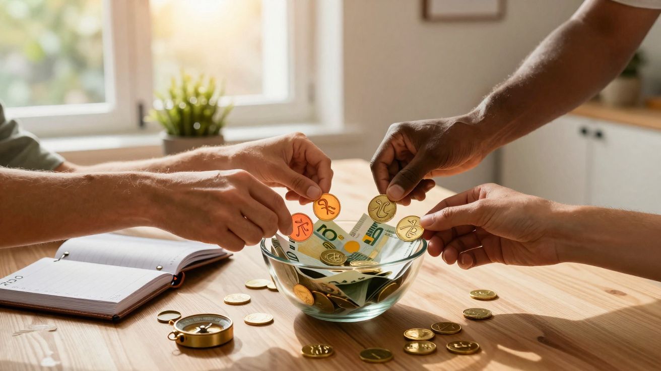 Three hands depositing paper money and gold cryptocurrency coins into a glass bowl on a wooden table.