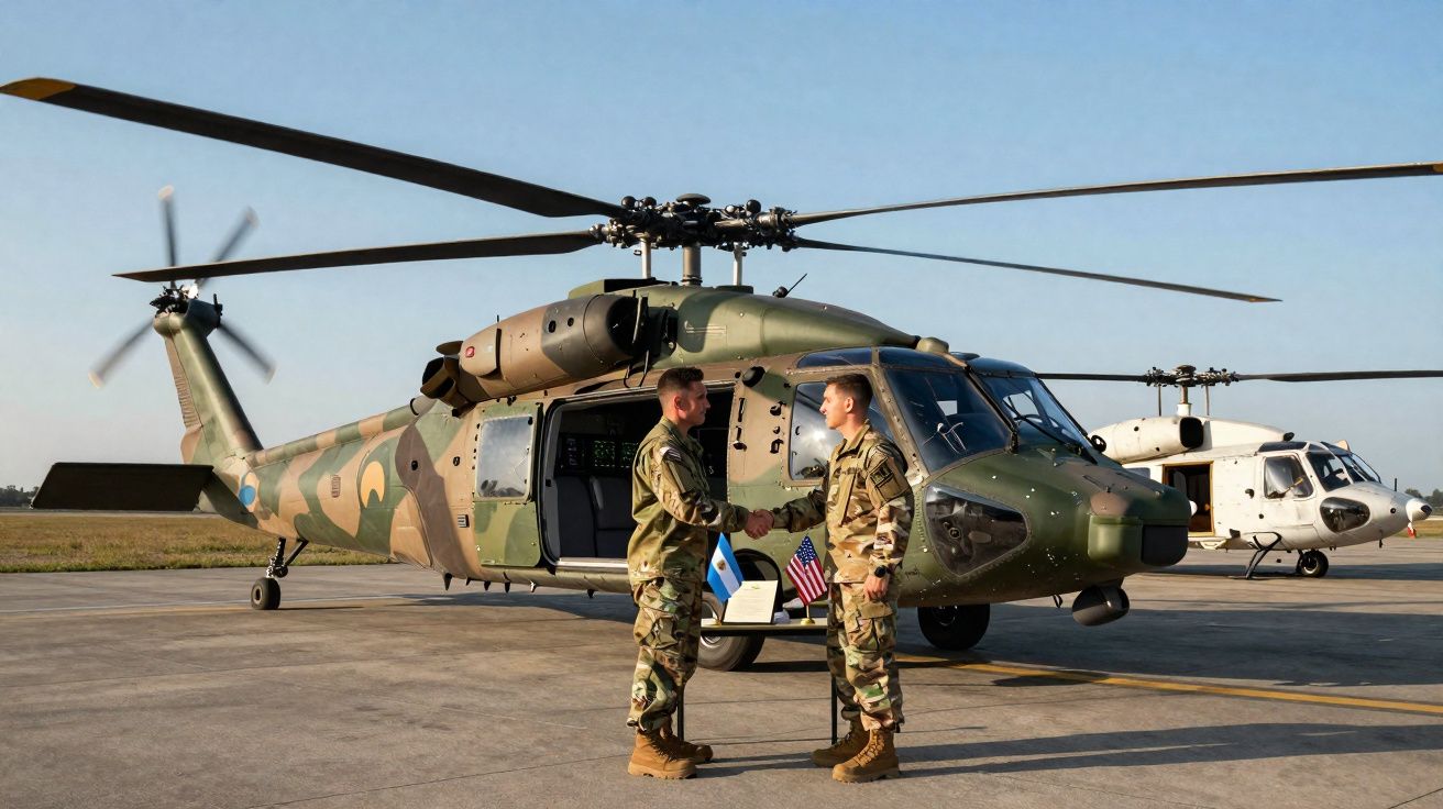Two soldiers shaking hands in front of camouflaged and white military helicopters on a runway.