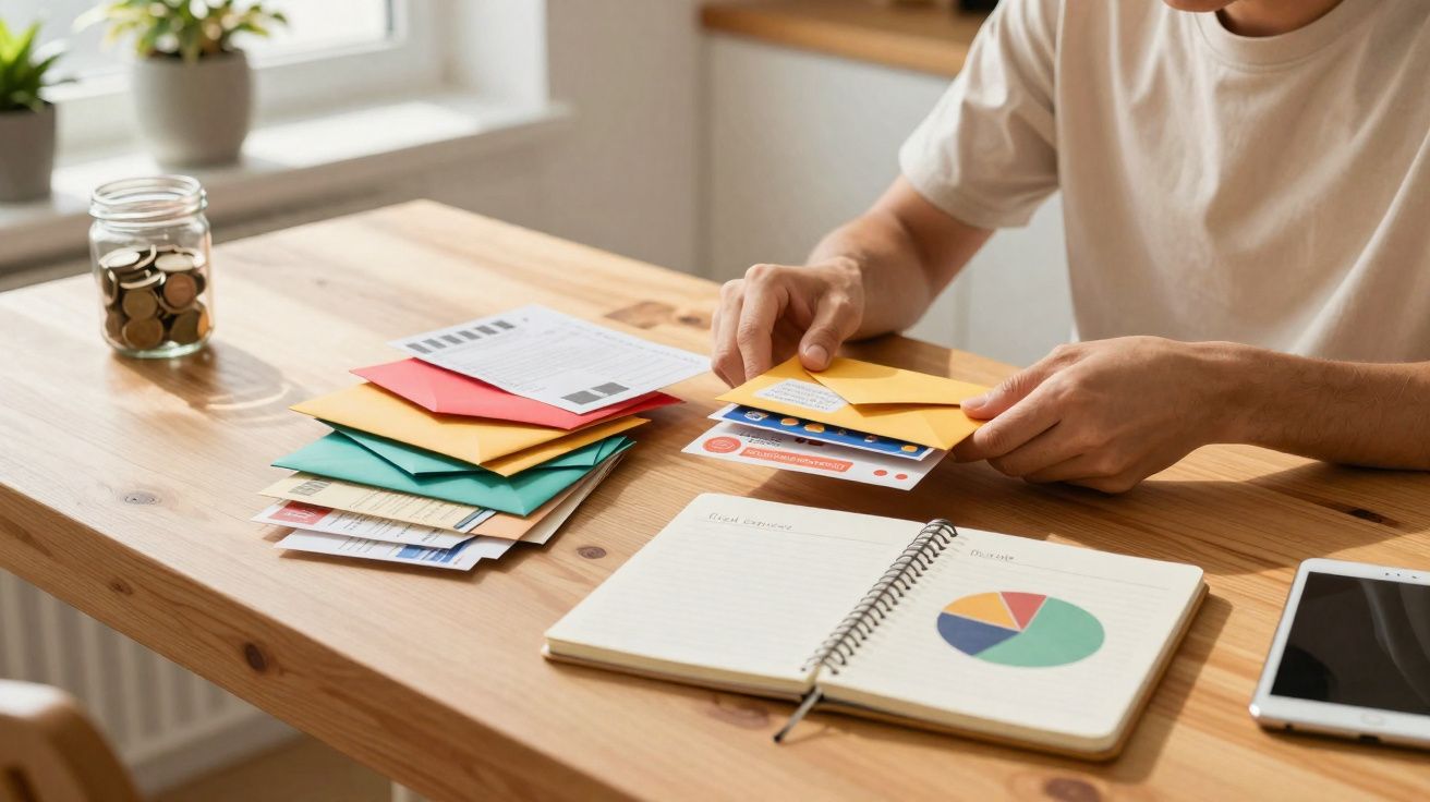 Person organising colourful envelopes and bills on a wooden table with a notebook, smartphone, and jar of coins nearby