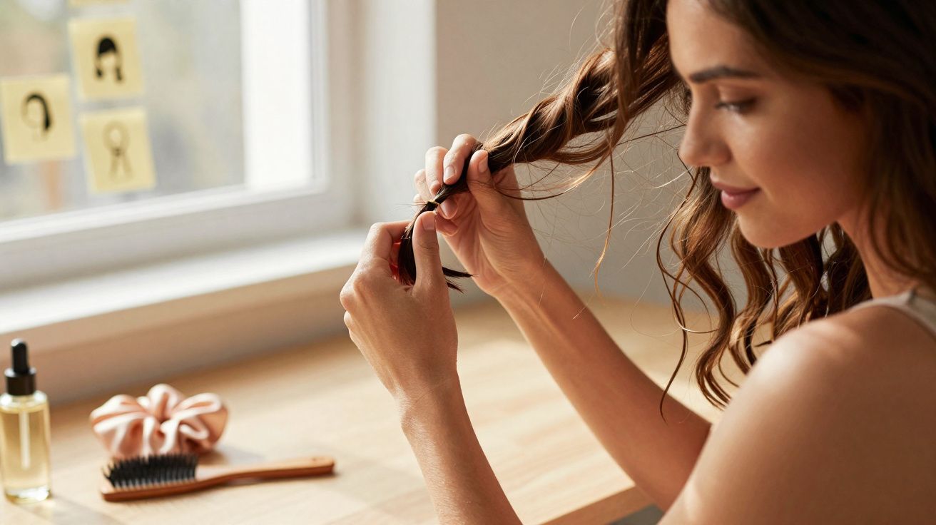 Young woman styling her long hair by twisting a strand while sitting at a wooden table near a window.