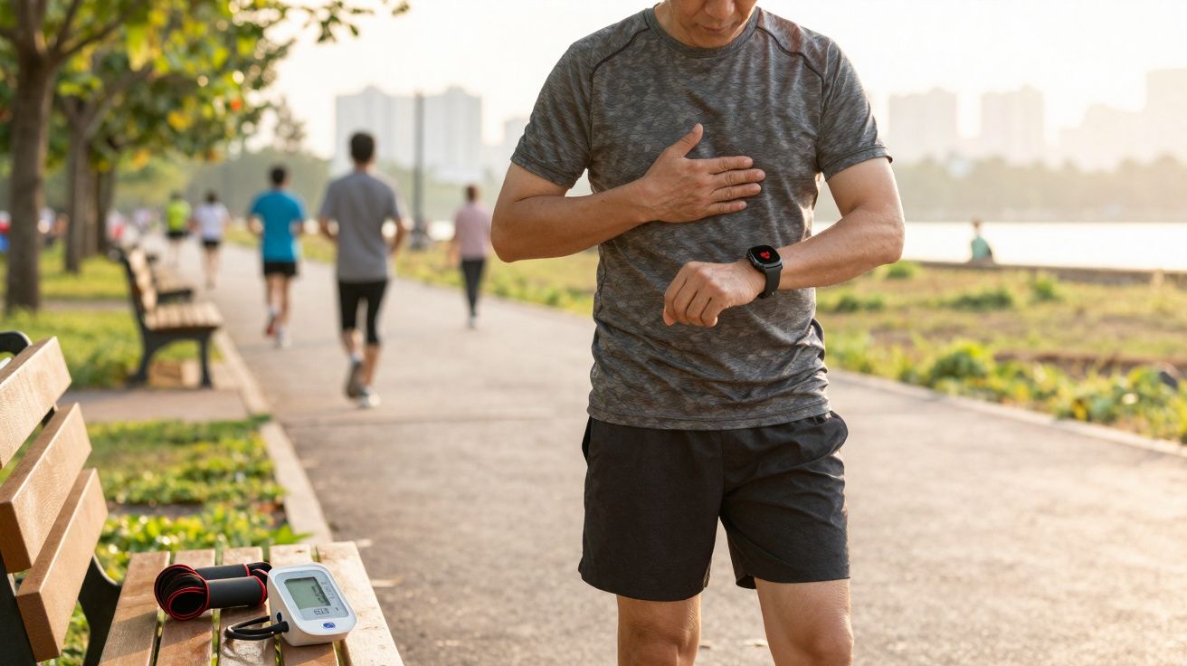 Man in sportswear checking smartwatch and holding chest on riverside jogging path with people running in background