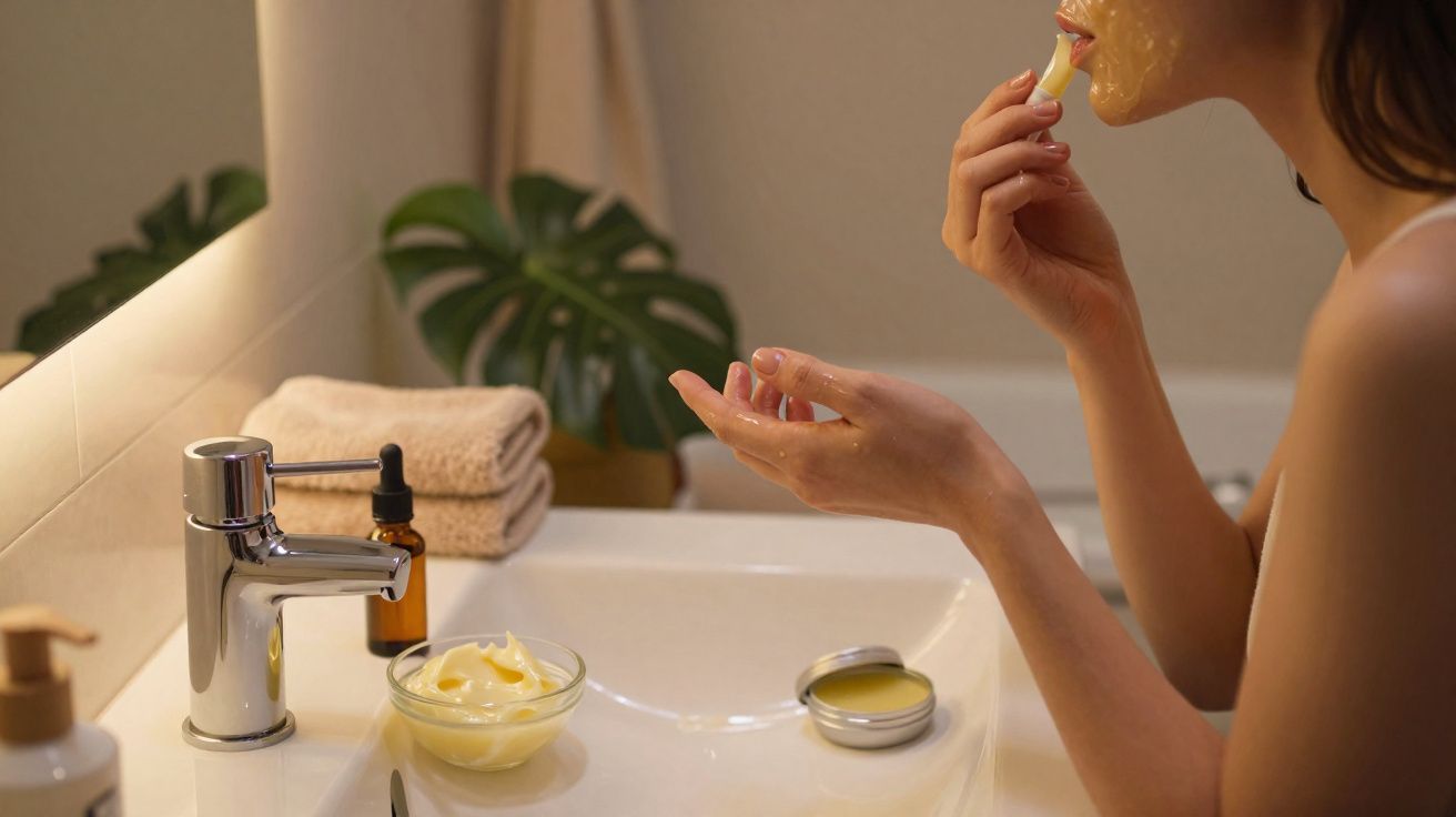 Person applying a yellow facial mask in a bathroom with skincare products and towels on the sink.