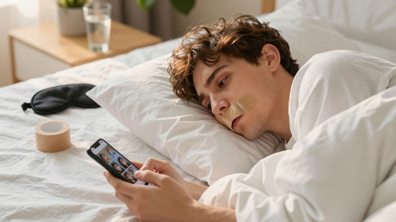 Young man lying in bed with a nose strip using a smartphone, with an eye mask and tape roll nearby on the bed.