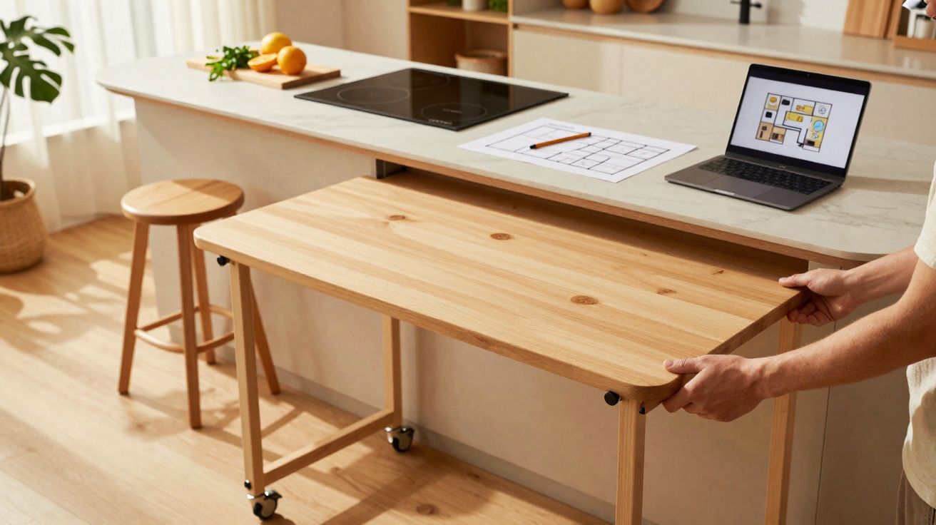 Person pulling out a wooden extendable table on wheels in a modern kitchen setting with a laptop and stool nearby.